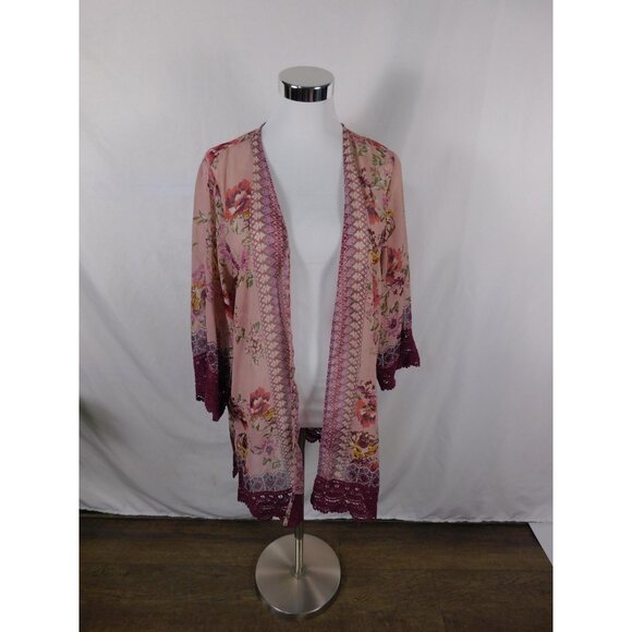 Mason & Belle Kimono Cardigan Womens Large Pink Floral Lace Trim Boho Open Front - Picture 1 of 12